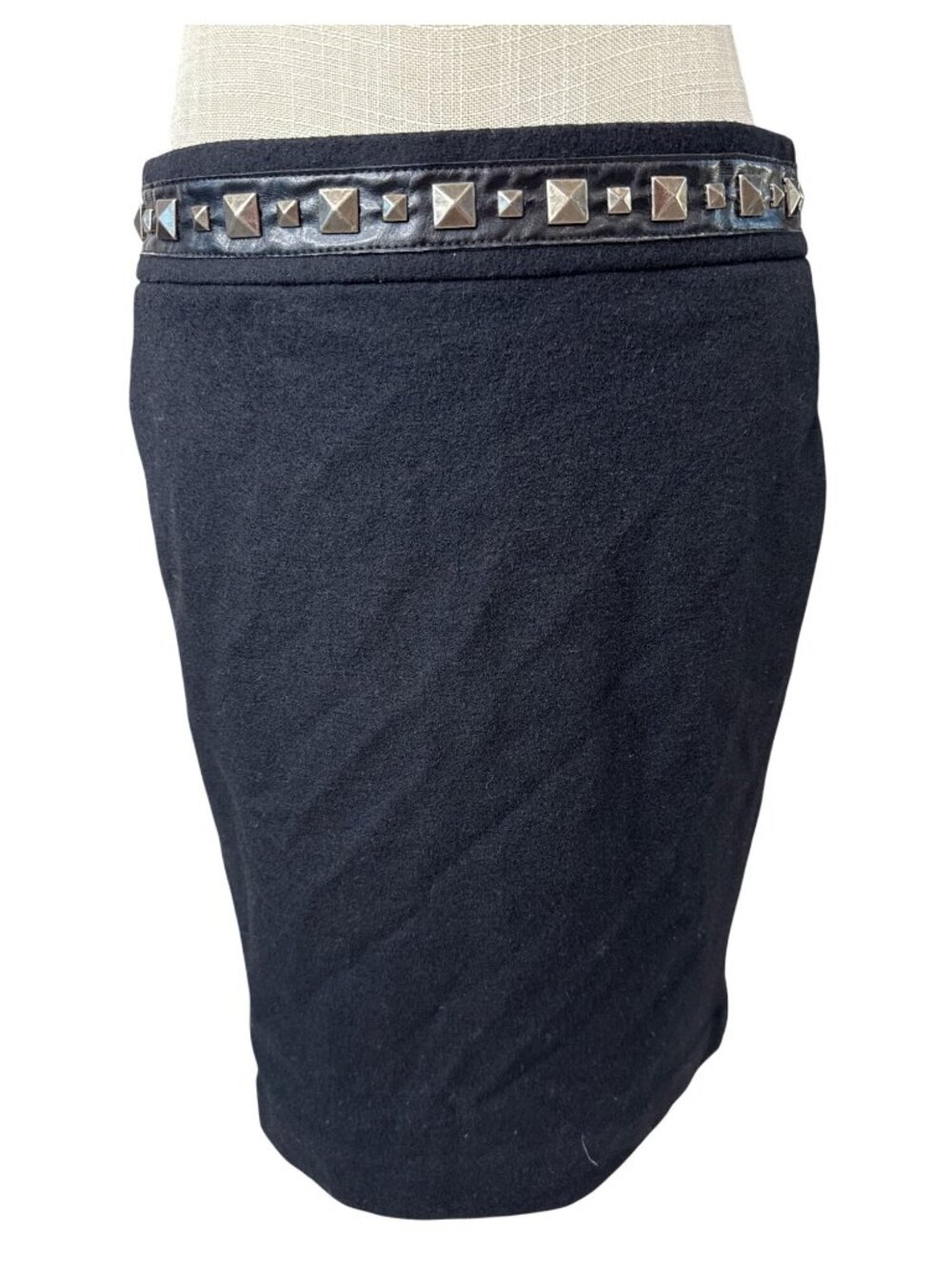 Black Studded Tory Burch Pencil Skirt With Edgy Metallic Pyramid Stud Waistband